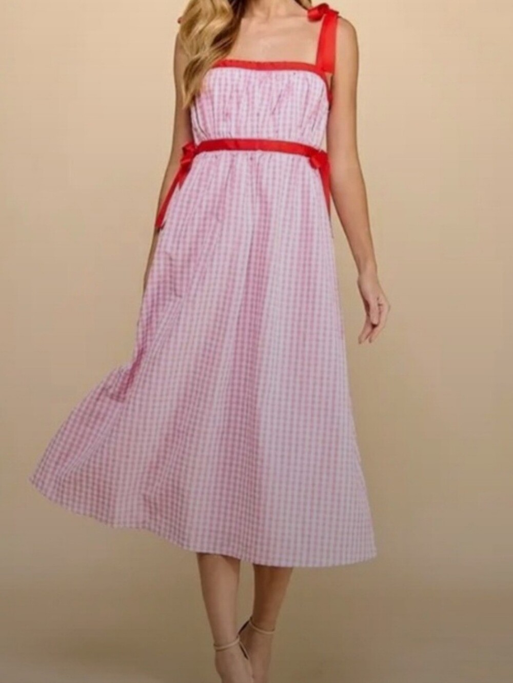 Pink Gingham Tie-Shoulder Midi Dress with Red Trim